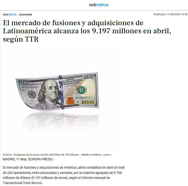 El mercado de fusiones y adquisiciones de Latinoamrica alcanza los 9.197 millones en abril, segn TTR